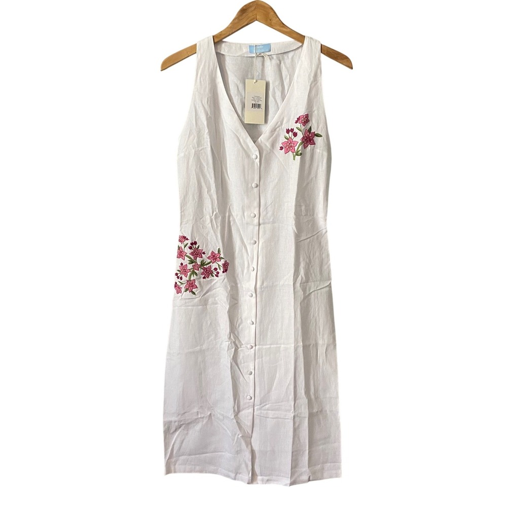 Fanm Mon X Andie Anamur White Linen Coastal Embroidered Floral Midi Dress Small